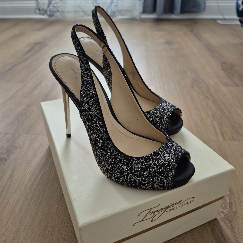 Vince Camuto Black Glitter Peep Toe Heels